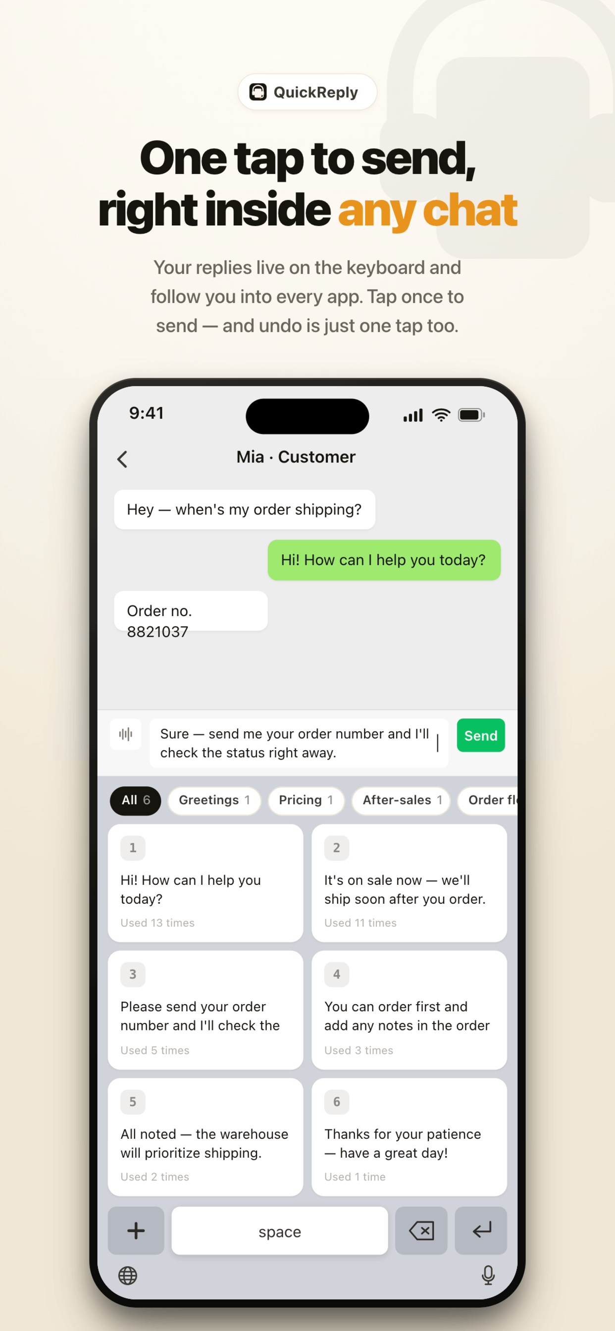 Customer Service Keyboard inside a chat — tap a saved phrase to send it, tap to undo