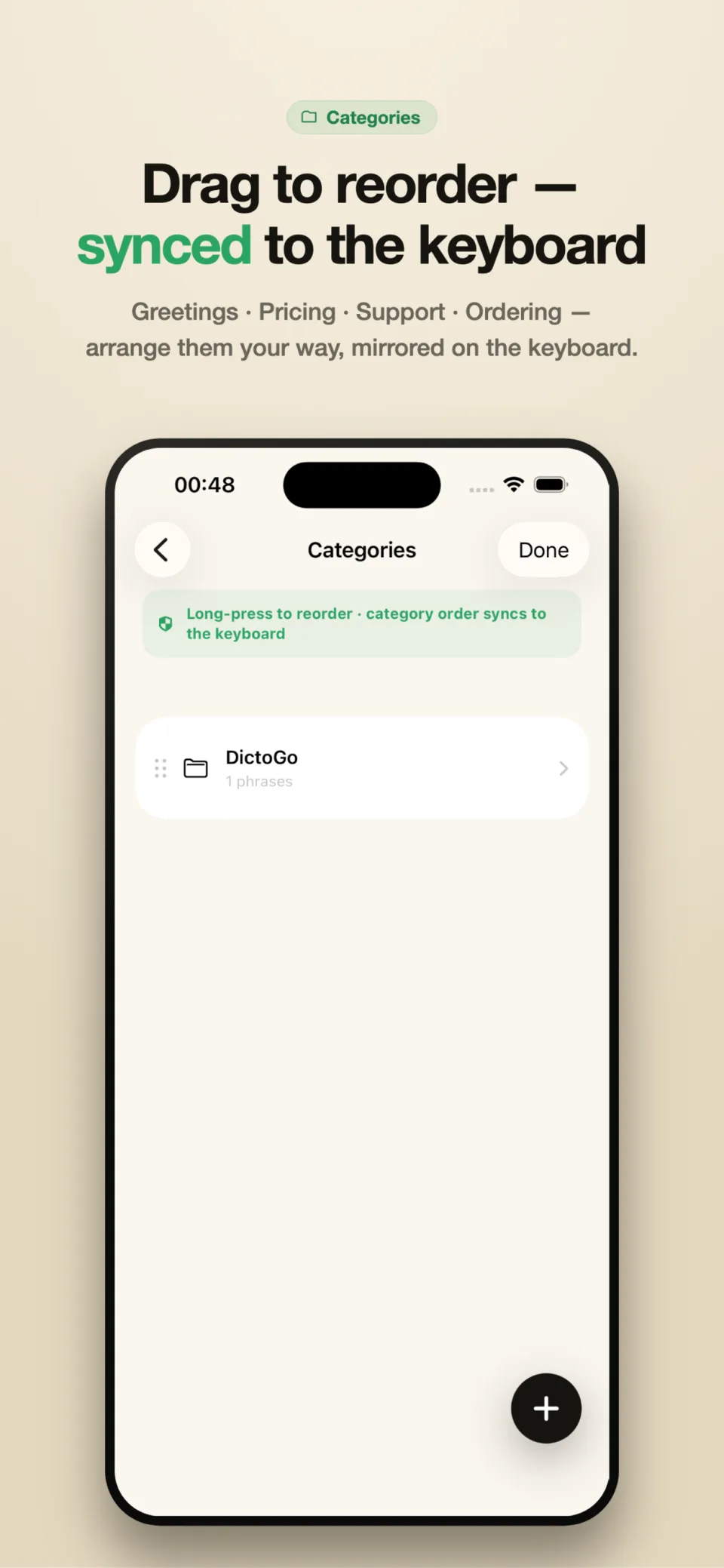 Drag categories to reorder — synced to the keyboard