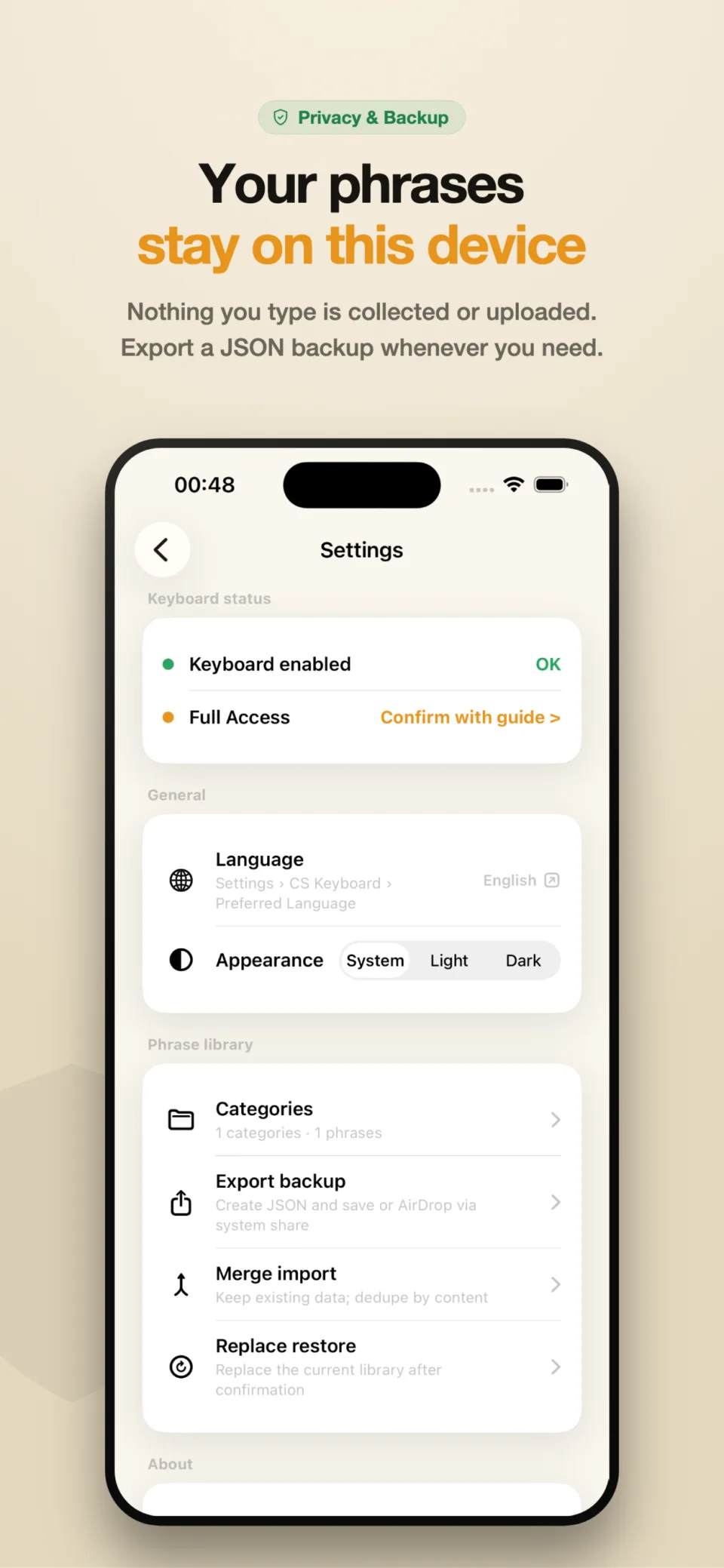 Settings showing local storage, appearance, and JSON backup options — nothing collected or uploaded