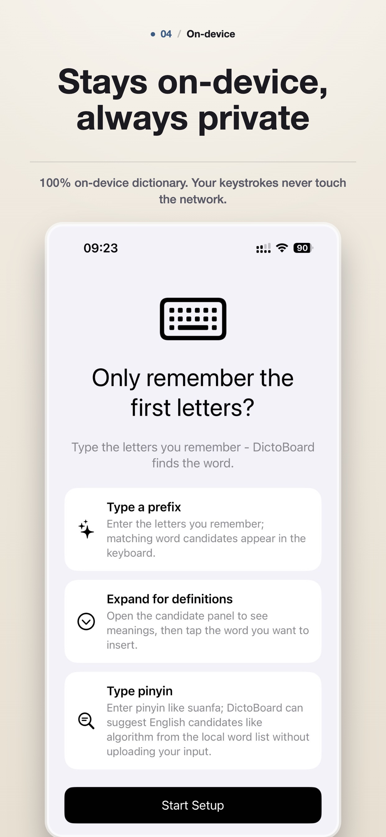 Three core features: type partial words, expand for definitions, use pinyin input